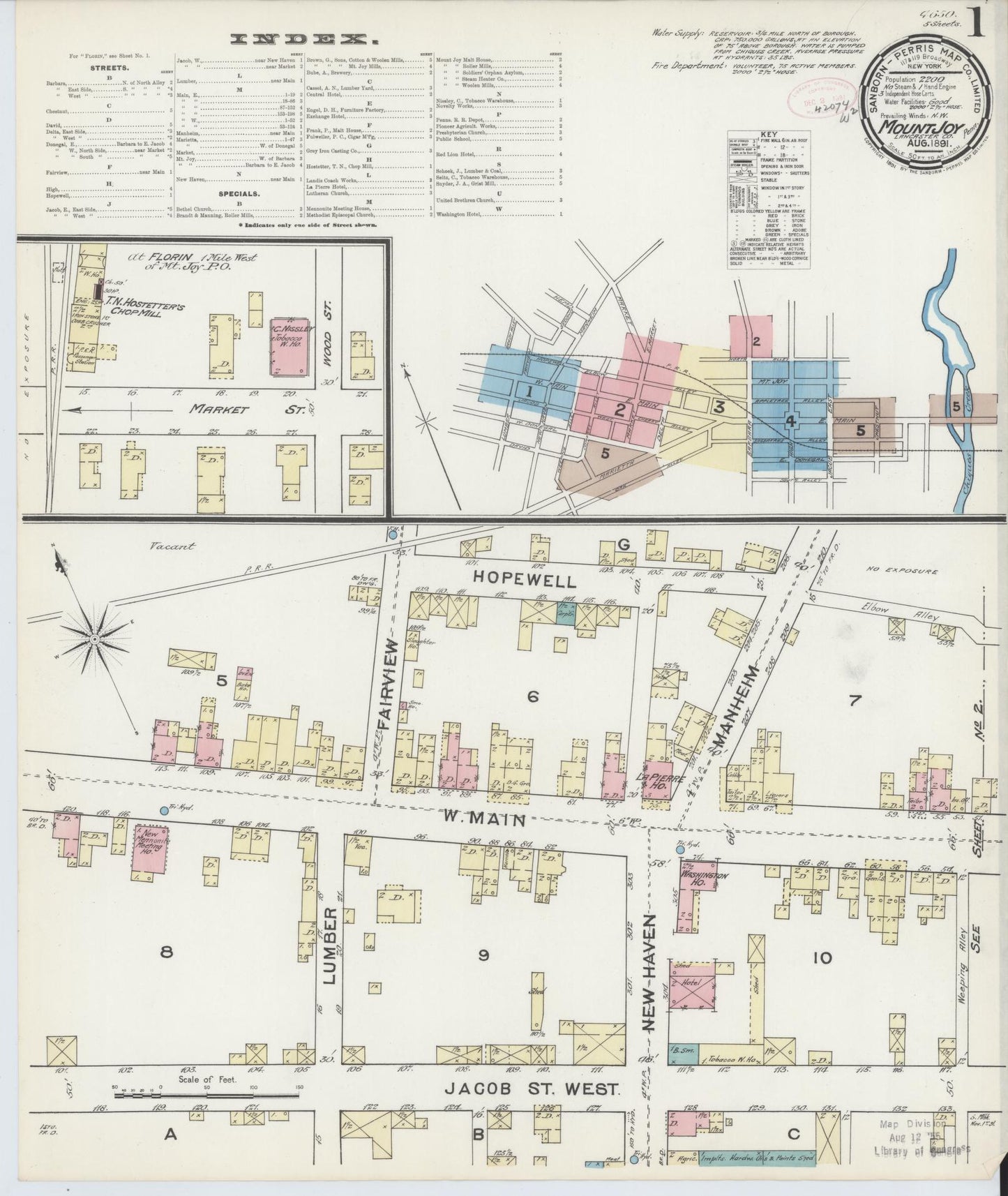 Sanborn Fire Insurance Map from Mount Joy, Lancaster County, Pennsylvania (1891), Sheet #0001 - Historic Sanborn Fire Insurance Map Print, vintage old map wall art, antique decor, genealogy gift, Pennsylvania Pennsylvania map