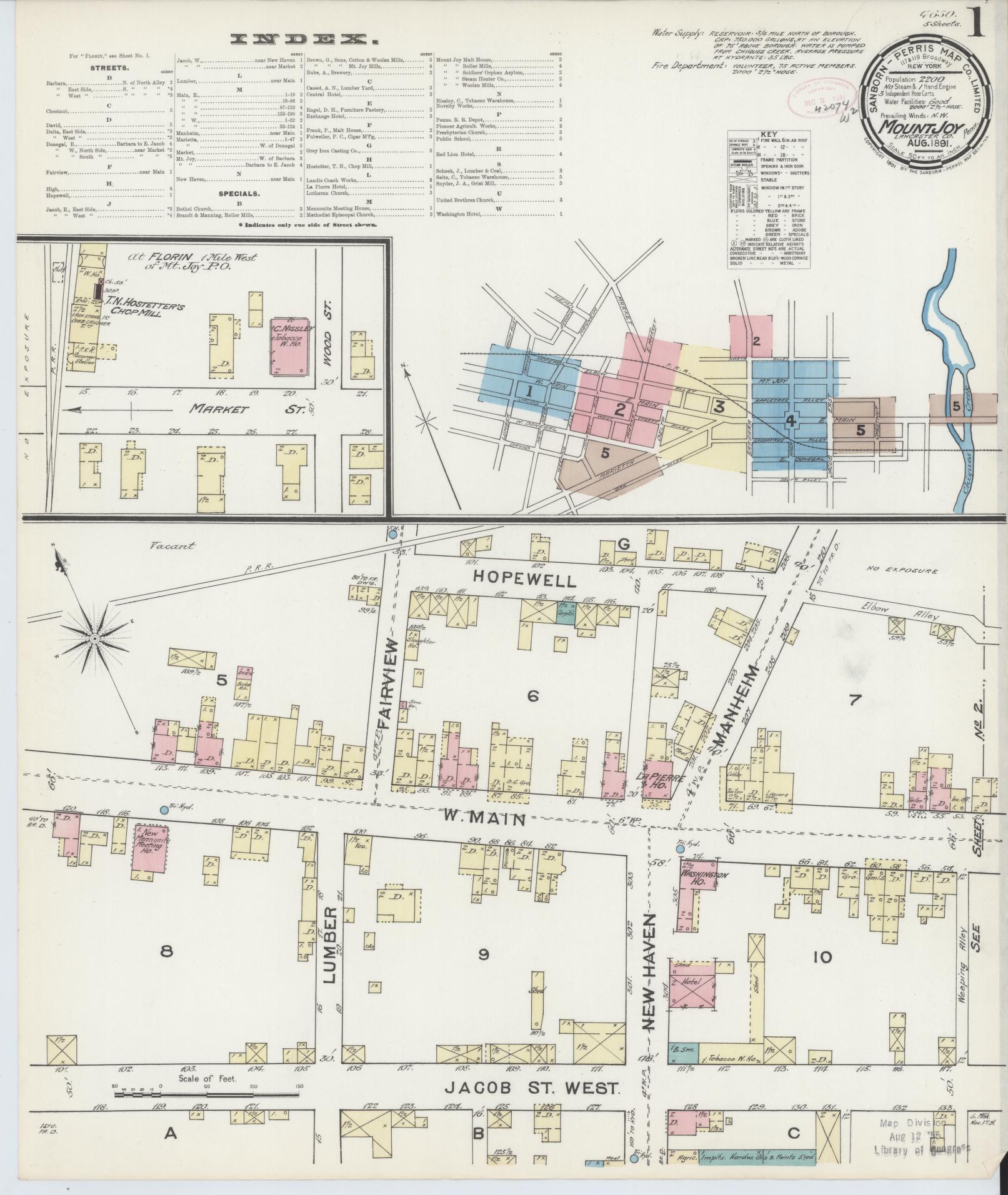 Sanborn Fire Insurance Map from Mount Joy, Lancaster County, Pennsylvania (1891), Sheet #0001 - Historic Sanborn Fire Insurance Map Print, vintage old map wall art, antique decor, genealogy gift, Pennsylvania Pennsylvania map
