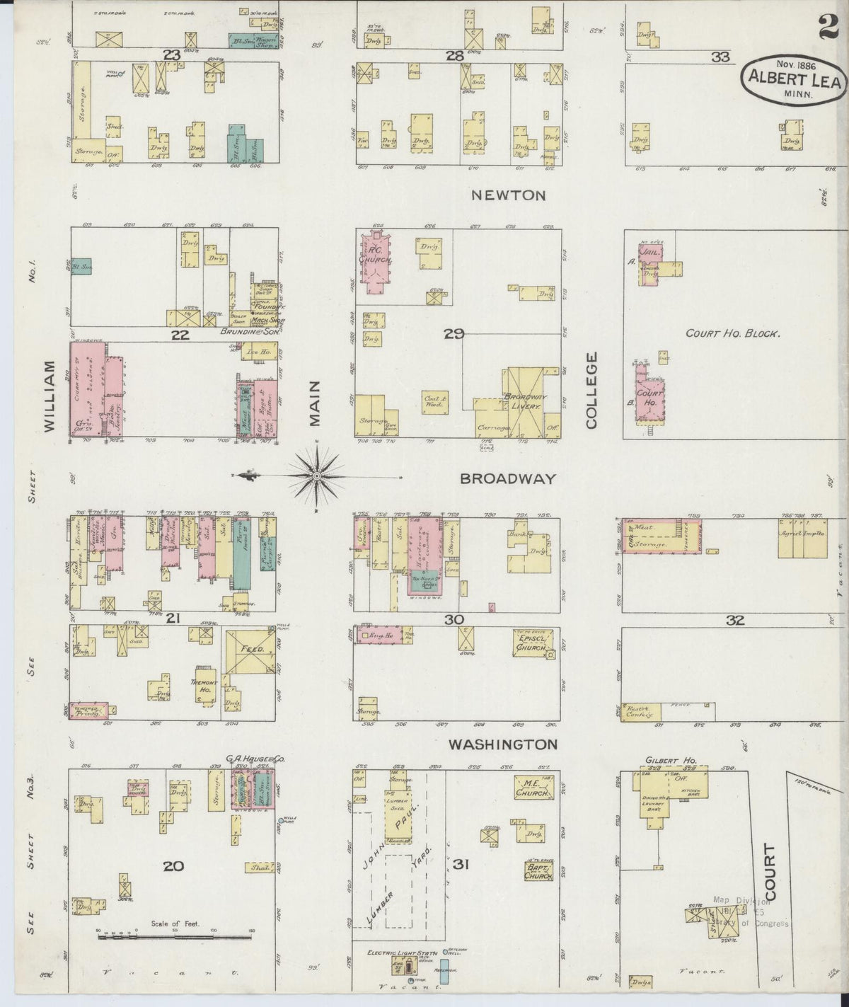 Sanborn Fire Insurance Map from Albert Lea, Freeborn County, Minnesota (1886), Sheet #0002 - Complete Map Set gallery image, historic Sanborn map, vintage wall art, Minnesota Minnesota