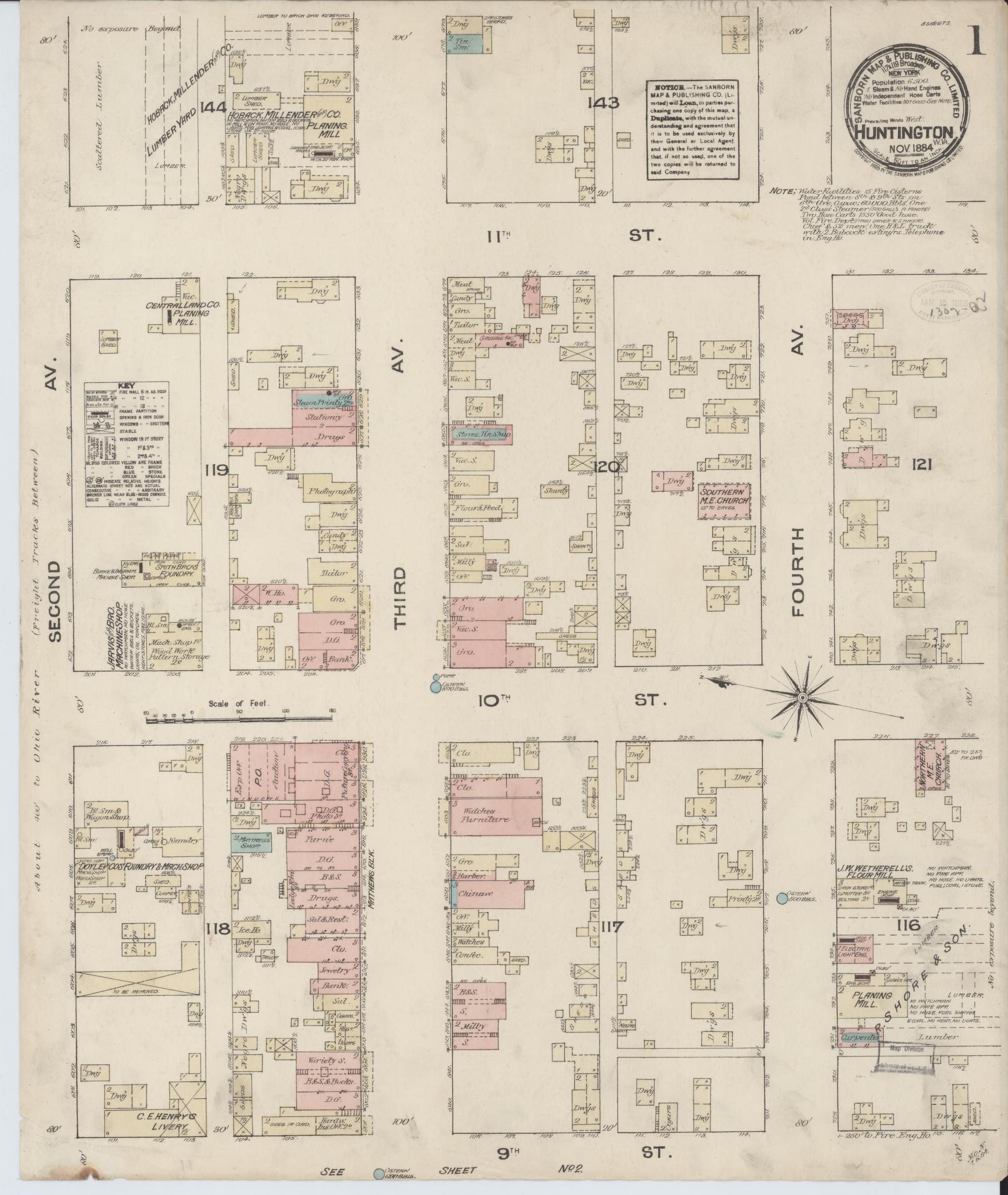 Sanborn Fire Insurance Map from Huntington, Cabell County, West Virginia. (1884) – Historic Sanborn Fire Insurance Map Print
