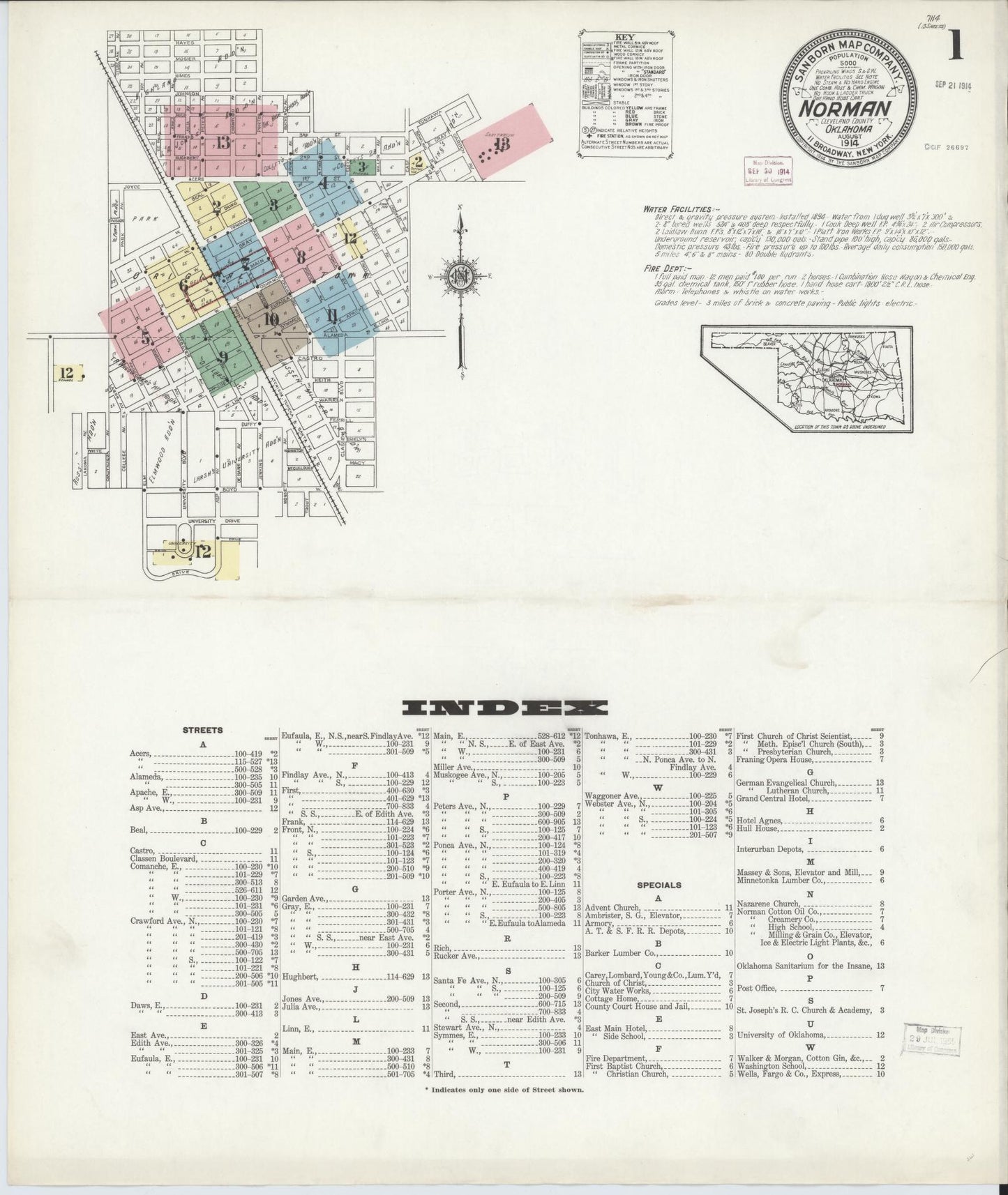Sanborn Fire Insurance Map from Norman, Cleveland County, Oklahoma (1914), Sheet #0001 - Complete Map Set gallery image, historic Sanborn map, vintage wall art, Oklahoma Oklahoma