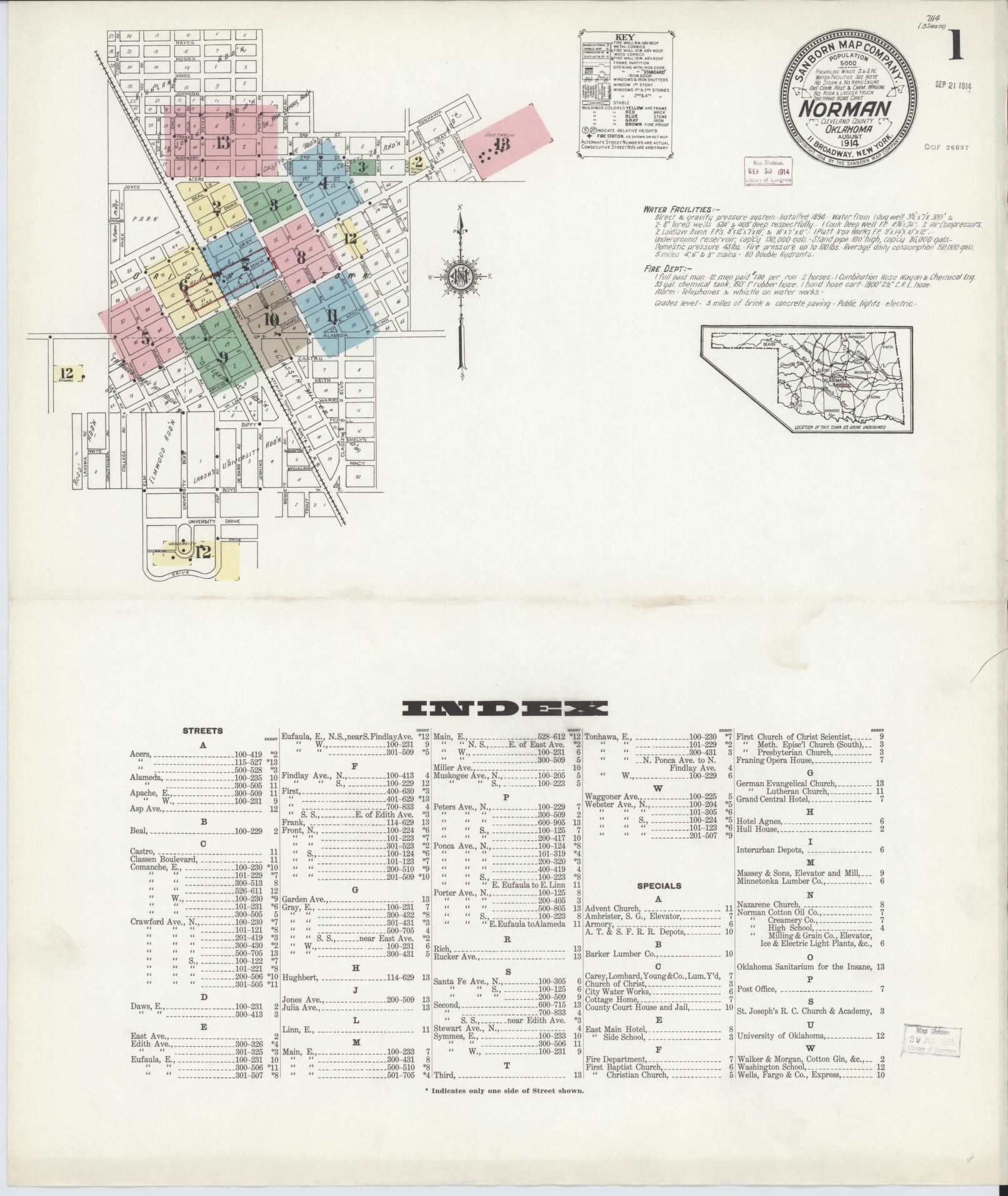 Sanborn Fire Insurance Map from Norman, Cleveland County, Oklahoma (1914), Sheet #0001 - Complete Map Set gallery image, historic Sanborn map, vintage wall art, Oklahoma Oklahoma