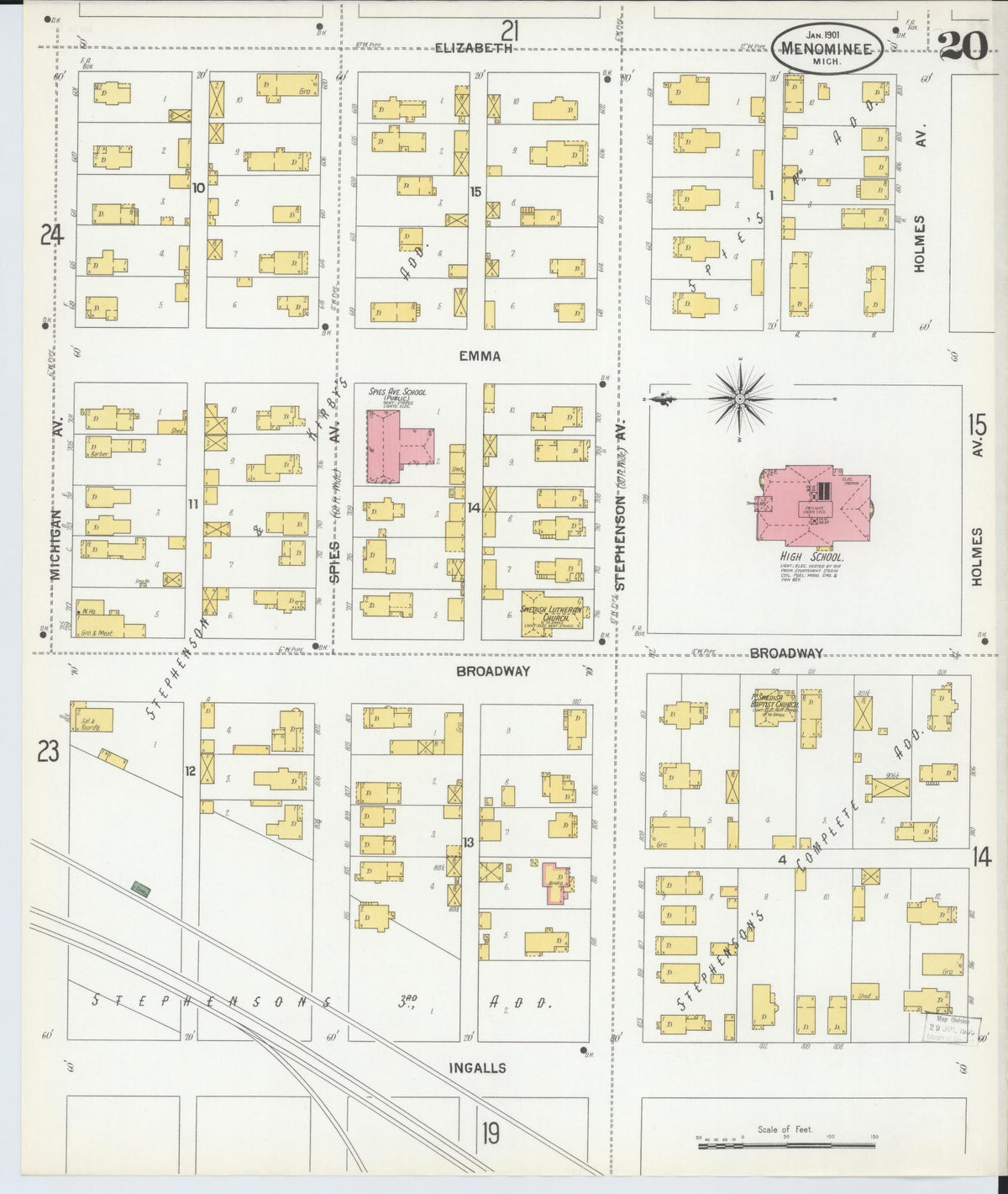 Sanborn Fire Insurance Map from Menominee, Menominee County, Michigan (1901), Sheet #0020 - Historic Sanborn Fire Insurance Map Print, vintage old map wall art, antique decor, genealogy gift, Michigan Michigan map