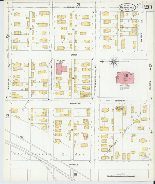 Sanborn Fire Insurance Map from Menominee, Menominee County, Michigan (1901), Sheet #0020 - Historic Sanborn Fire Insurance Map Print, vintage old map wall art, antique decor, genealogy gift, Michigan Michigan map