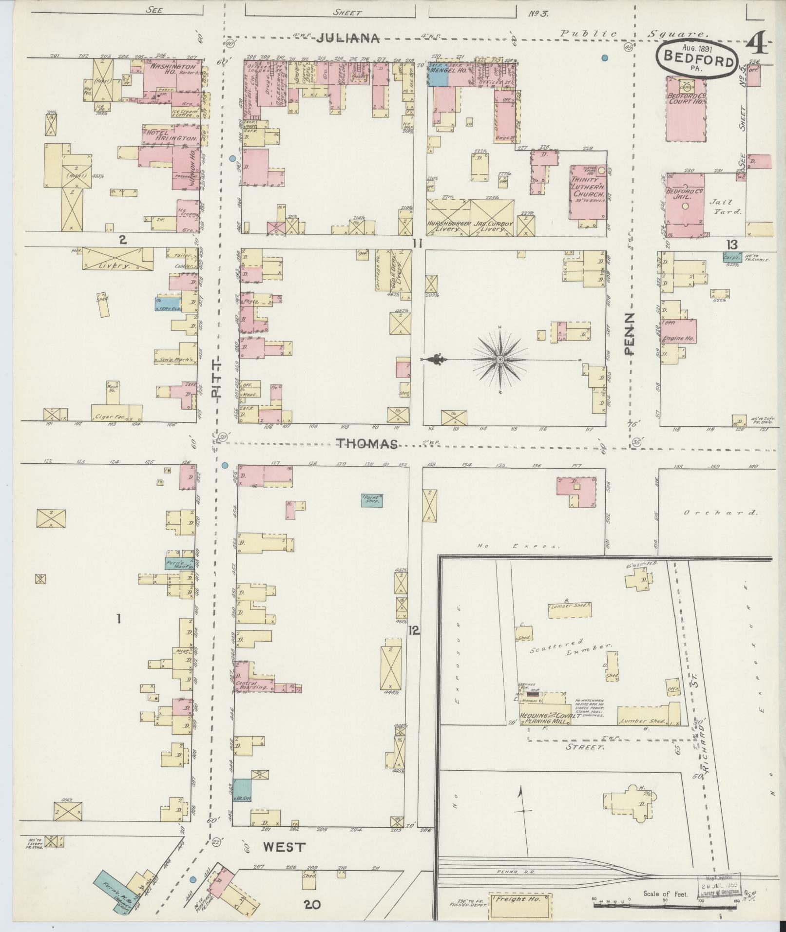 Sanborn Fire Insurance Map from Bedford, Bedford County, Pennsylvania (1891), Sheet #0004 - Historic Sanborn Fire Insurance Map Print, vintage old map wall art, antique decor, genealogy gift, Pennsylvania Pennsylvania map