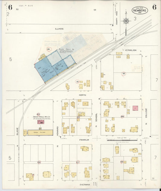 Sanborn Fire Insurance Map from Newberg, Yamhill County, Oregon (1934), Sheet #0006 - Historic Sanborn Fire Insurance Map Print, vintage old map wall art, antique decor, genealogy gift, Oregon Oregon map