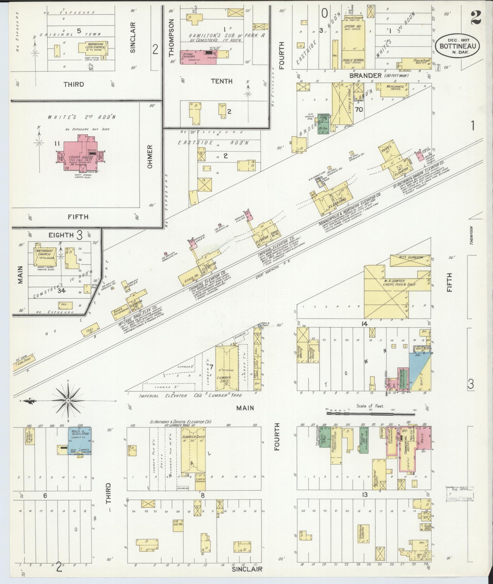 Sanborn Fire Insurance Map from Bottineau, Bottineau County, North Dakota (1908), Sheet #0002 - Historic Sanborn Fire Insurance Map Print, vintage old map wall art, antique decor, genealogy gift, North Dakota North Dakota map
