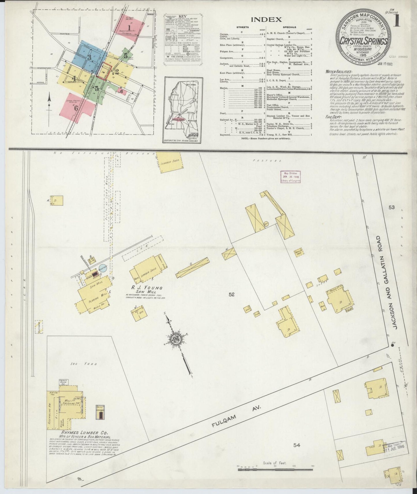 Sanborn Fire Insurance Map from Crystal Springs, Copiah County, Mississippi (1915), Sheet #0001 - Complete Map Set gallery image, historic Sanborn map, vintage wall art, Mississippi Mississippi