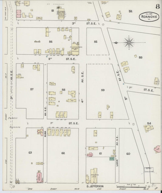 Sanborn Fire Insurance Map from Roanoke, Independent Cities, Virginia (1889), Sheet #0008 - Historic Sanborn Fire Insurance Map Print, vintage old map wall art, antique decor, genealogy gift, Virginia Virginia map