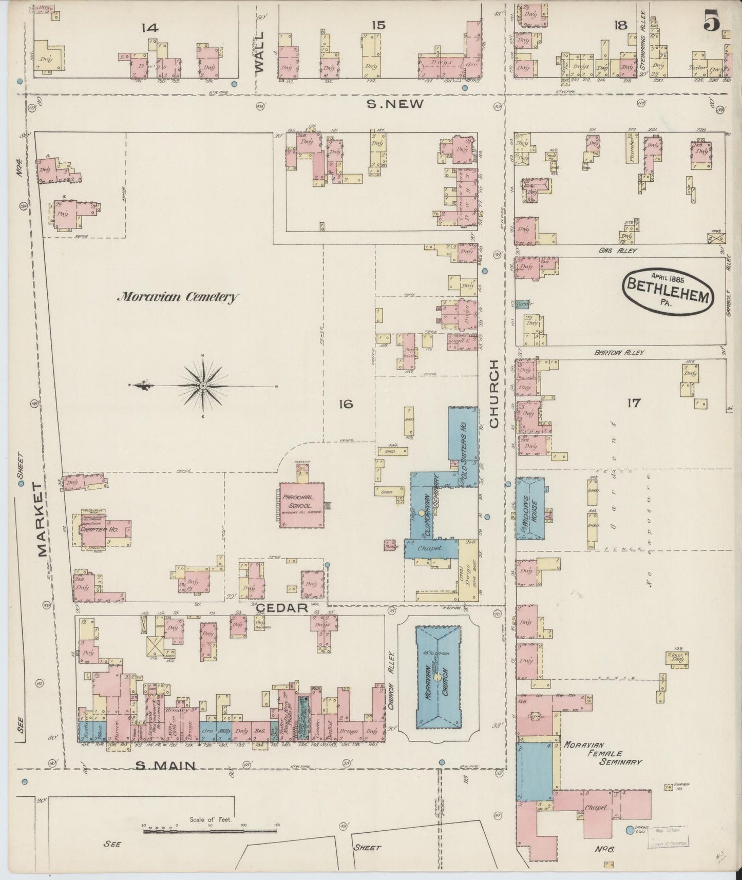 Sanborn Fire Insurance Map from Bethlehem, Northampton And Lehigh Counties, Pennsylvania (1885), Sheet #0005 - Historic Sanborn Fire Insurance Map Print, vintage old map wall art, antique decor, genealogy gift, Pennsylvania Pennsylvania map