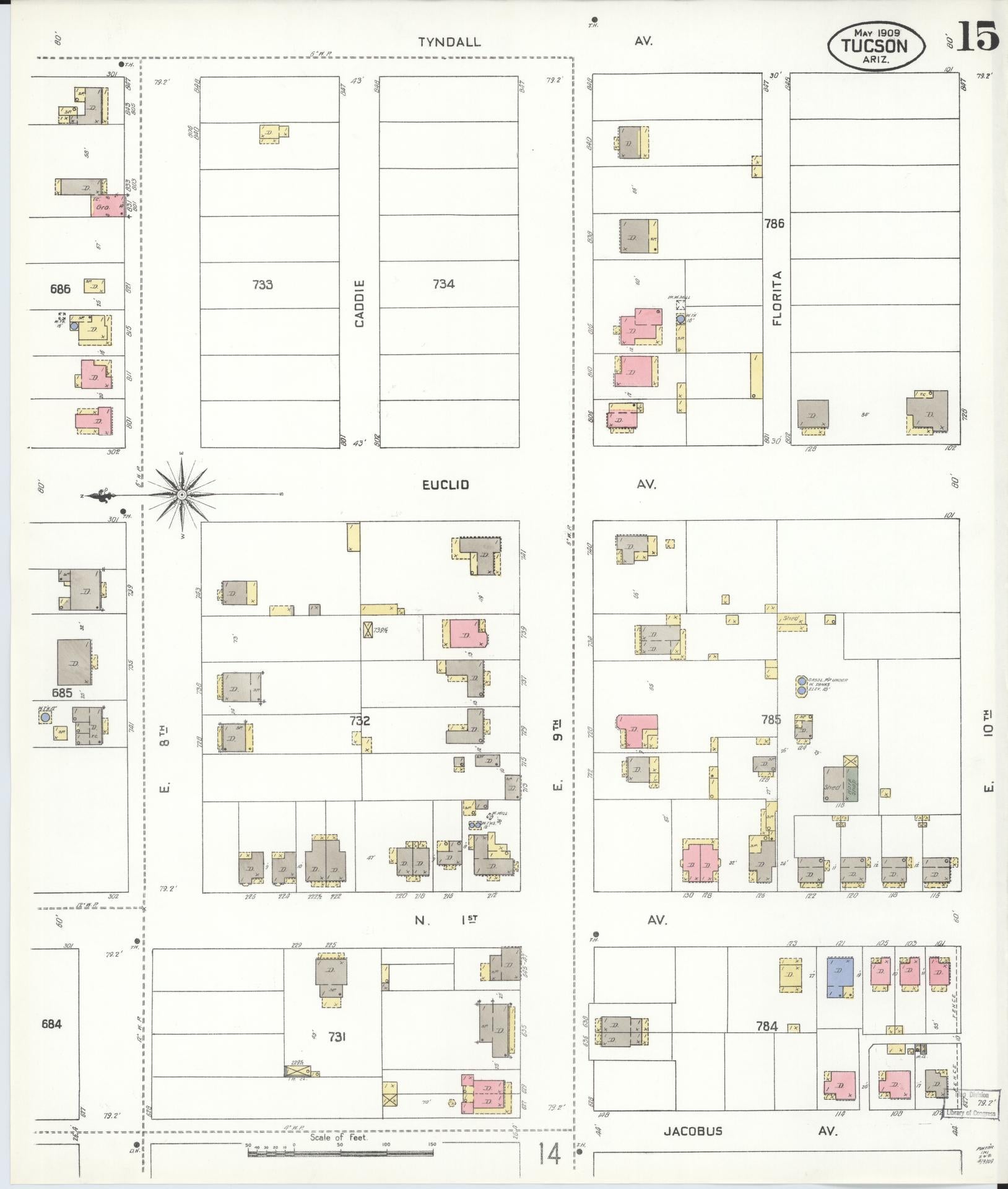 Sanborn Fire Insurance Map from Tucson, Pima County, Arizona (1909), Sheet #0015 - Complete Map Set gallery image, historic Sanborn map, vintage wall art, Arizona Arizona