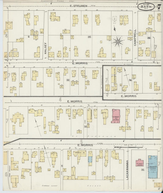 Sanborn Fire Insurance Map from Bath, Steuben County, New York (1893), Sheet #0007 - Historic Sanborn Fire Insurance Map Print, vintage old map wall art, antique decor, genealogy gift, New York New York map
