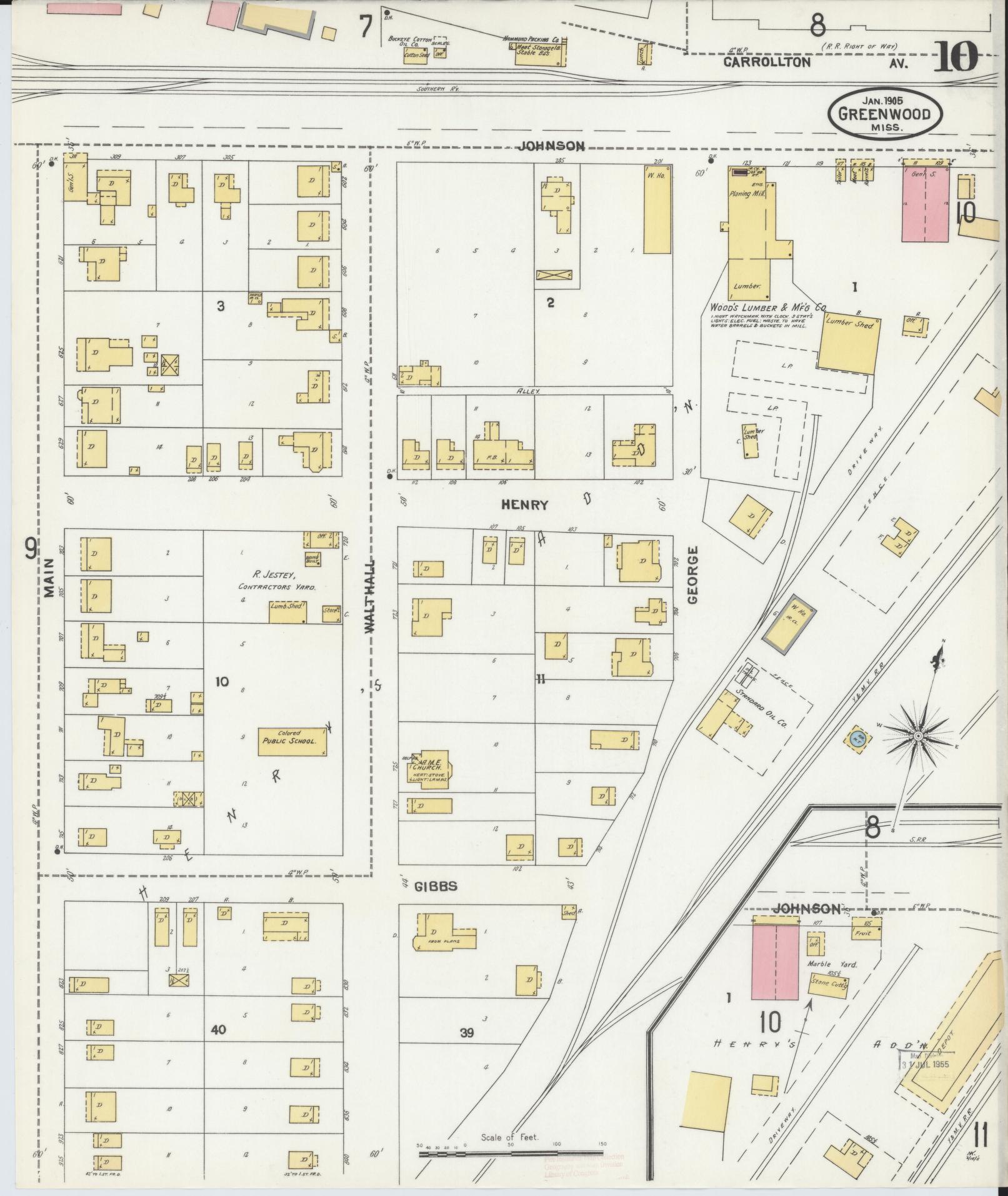 Sanborn Fire Insurance Map from Greenwood, Leflore County, Mississippi (1905), Sheet #0010 - Complete Map Set gallery image, historic Sanborn map, vintage wall art, Mississippi Mississippi