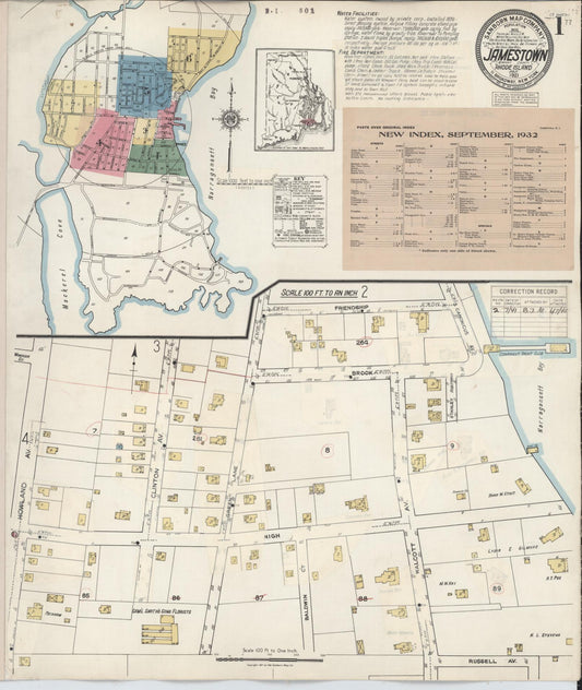 Sanborn Fire Insurance Map from Jamestown, Newport County, Rhode Island (1932), Sheet #0001 - Historic Sanborn Fire Insurance Map Print, vintage old map wall art, antique decor, genealogy gift, Rhode Island Rhode Island map