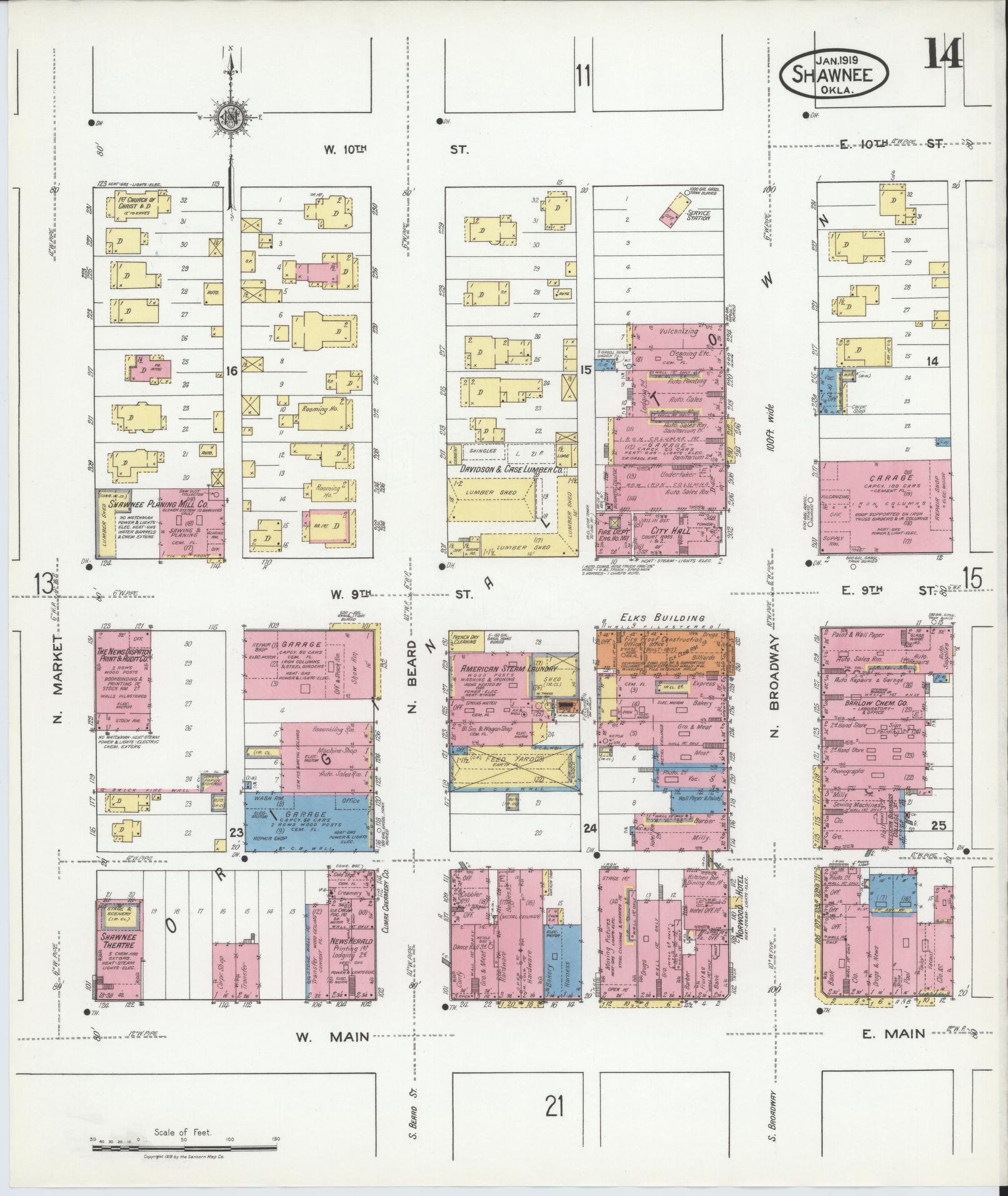 Sanborn Fire Insurance Map from Shawnee, Pottawatomie County, Oklahoma (1919), Sheet #0014 - Complete Map Set gallery image, historic Sanborn map, vintage wall art, Oklahoma Oklahoma