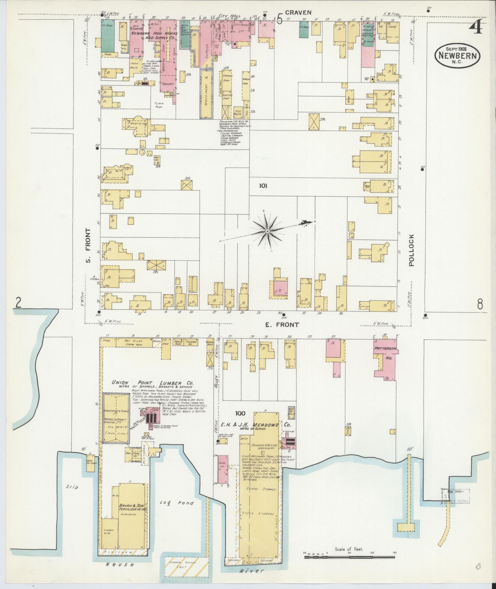 Sanborn Fire Insurance Map from New Bern, Craven County, North Carolina (1908), Sheet #0004 - Historic Sanborn Fire Insurance Map Print, vintage old map wall art, antique decor, genealogy gift, North Carolina North Carolina map