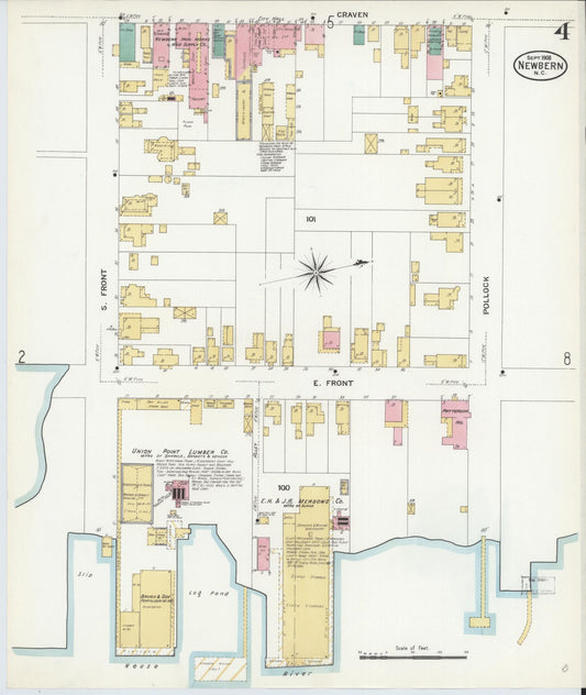 Sanborn Fire Insurance Map from New Bern, Craven County, North Carolina (1908), Sheet #0004 - Historic Sanborn Fire Insurance Map Print, vintage old map wall art, antique decor, genealogy gift, North Carolina North Carolina map