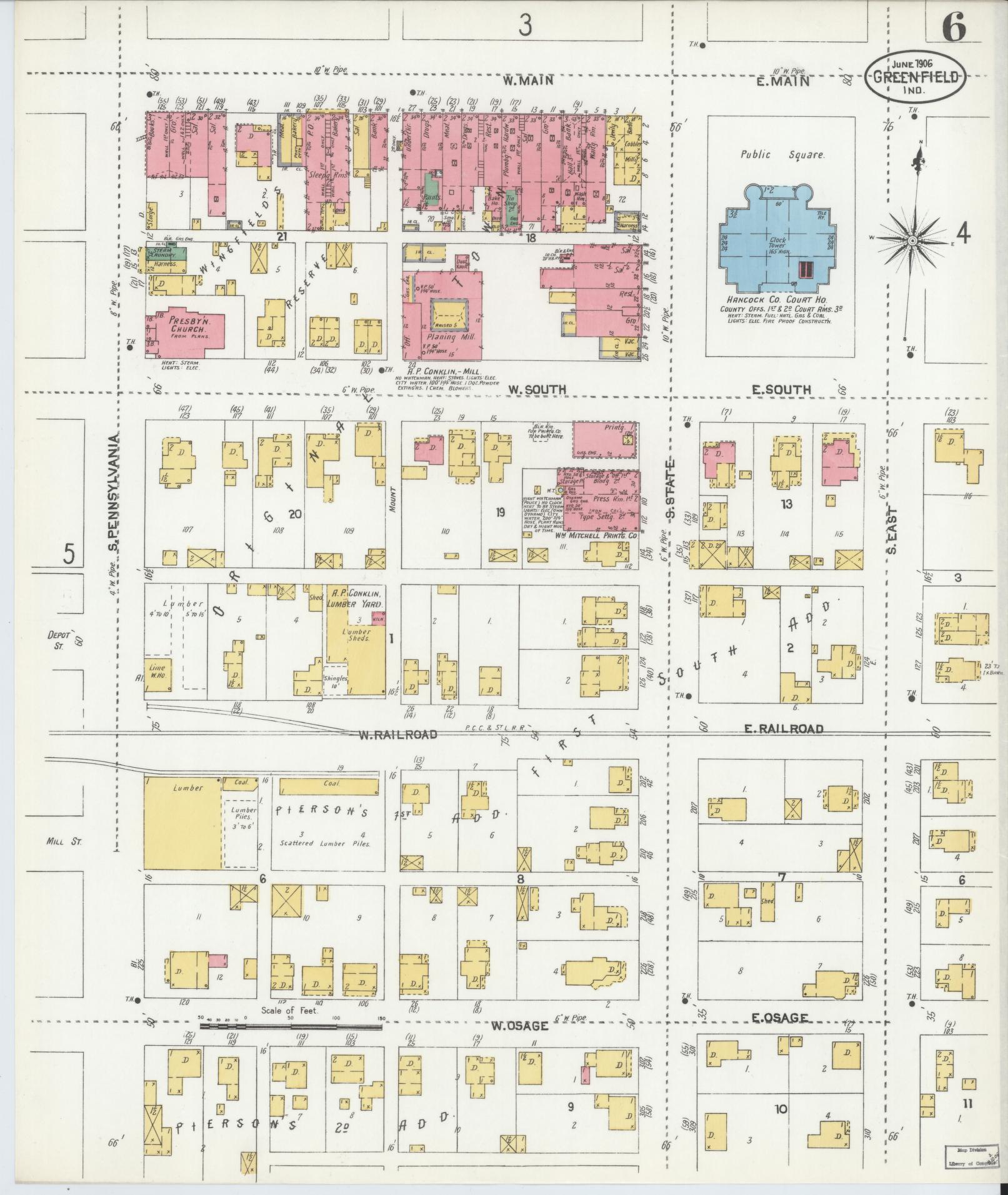 Sanborn Fire Insurance Map from Greenfield, Hancock County, Indiana (1906), Sheet #0006 - Complete Map Set gallery image, historic Sanborn map, vintage wall art, Indiana Indiana