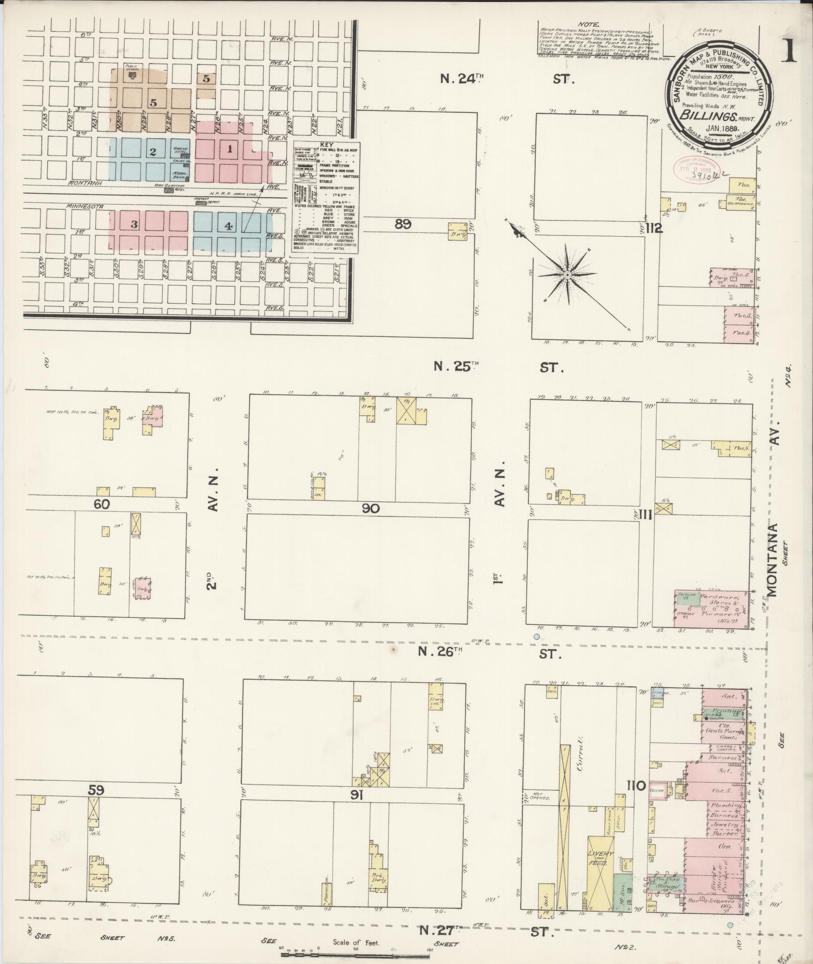 Sanborn Fire Insurance Map from Billings, Yellowstone County, Montana (1889), Sheet #0001 - Historic Sanborn Fire Insurance Map Print, vintage old map wall art, antique decor, genealogy gift, Montana Montana map