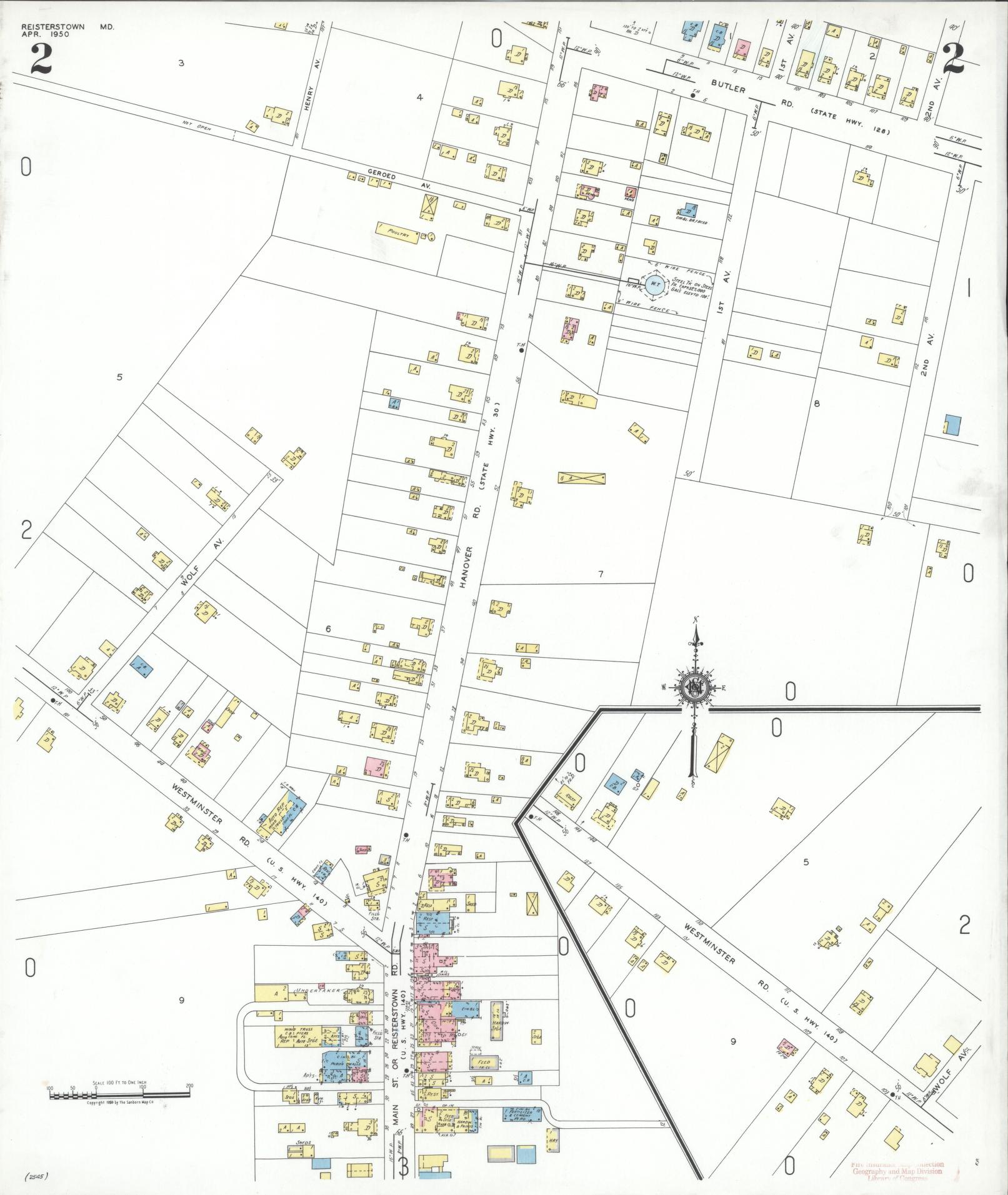 Sanborn Fire Insurance Map from Reisterstown, Baltimore County, Maryland (1950), Sheet #0002 - Historic Sanborn Fire Insurance Map Print, vintage old map wall art