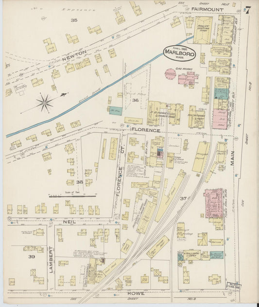 Sanborn Fire Insurance Map from Marlborough, Middlesex County, Massachusetts (1885), Sheet #0007 - Historic Sanborn Fire Insurance Map Print, vintage old map wall art, antique decor, genealogy gift, Massachusetts Massachusetts map