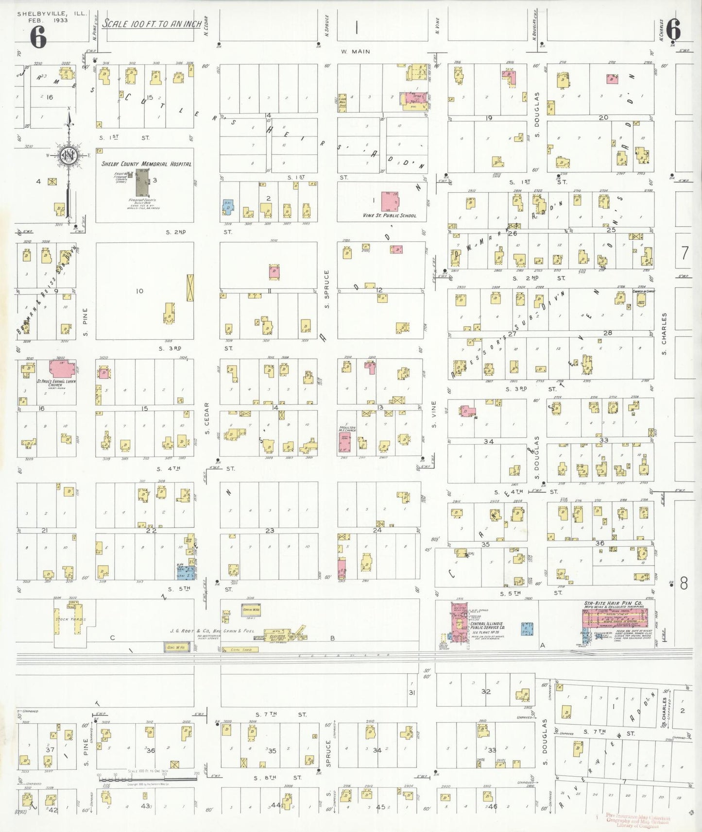 Sanborn Fire Insurance Map from Shelbyville, Shelby County, Illinois (1933), Sheet #0006 - Complete Map Set gallery image, historic Sanborn map, vintage wall art, Illinois Illinois