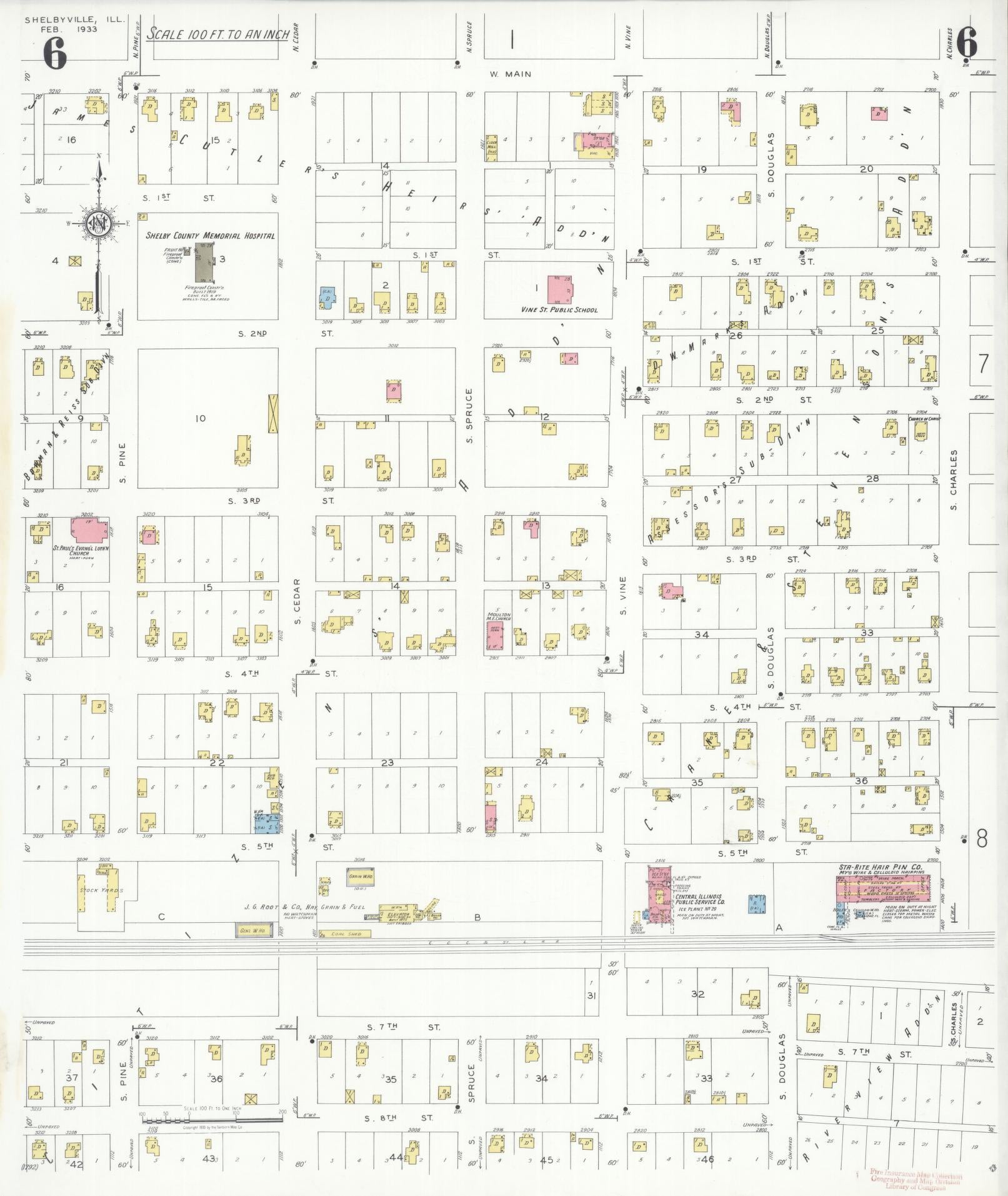 Sanborn Fire Insurance Map from Shelbyville, Shelby County, Illinois (1933), Sheet #0006 - Complete Map Set gallery image, historic Sanborn map, vintage wall art, Illinois Illinois