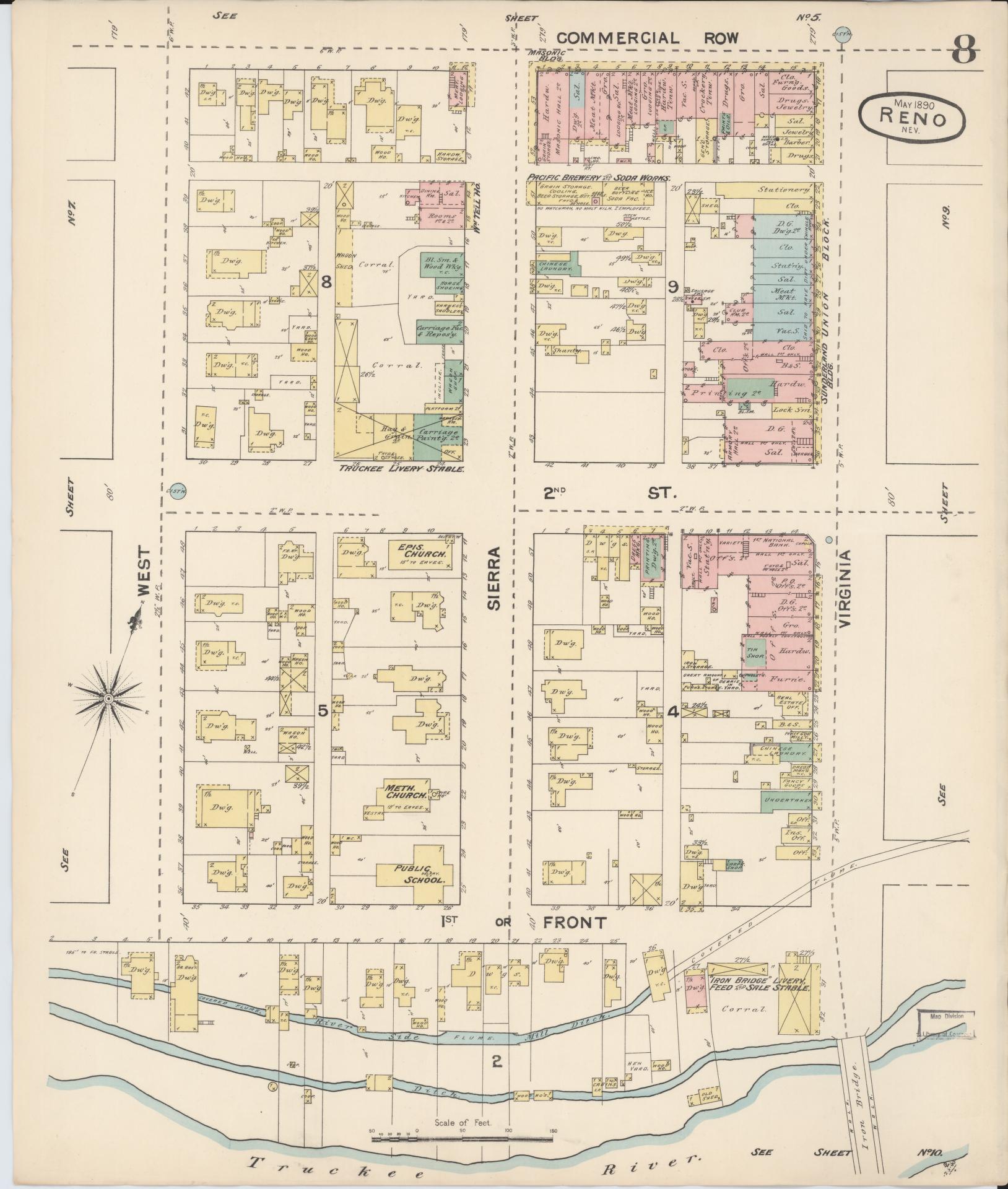 Sanborn Fire Insurance Map from Reno, Washoe County, Nevada (1890), Sheet #0008 - Historic Sanborn Fire Insurance Map Print, vintage old map wall art, antique decor, genealogy gift, Nevada Nevada map