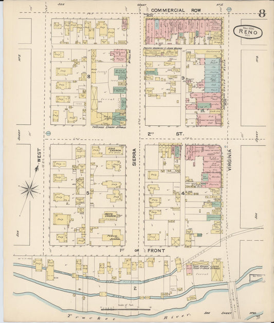 Sanborn Fire Insurance Map from Reno, Washoe County, Nevada (1890), Sheet #0008 - Historic Sanborn Fire Insurance Map Print, vintage old map wall art, antique decor, genealogy gift, Nevada Nevada map