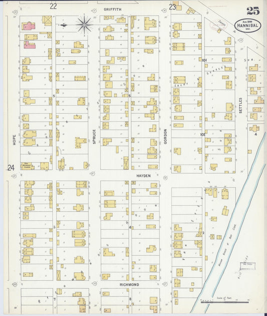 Sanborn Fire Insurance Map from Hannibal, Marion County, Missouri (1899), Sheet #0025 - Historic Sanborn Fire Insurance Map Print, vintage old map wall art, antique decor, genealogy gift, Missouri Missouri map