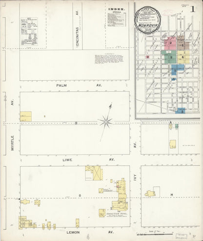 Sanborn Fire Insurance Map from Monrovia, Los Angeles County, California (1892), Sheet #0001 - Historic Sanborn Fire Insurance Map Print, vintage old map wall art, antique decor, genealogy gift, California California map