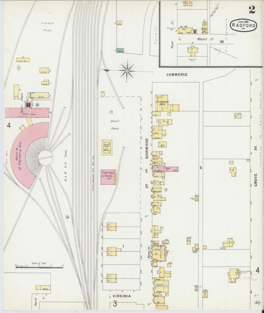 Sanborn Fire Insurance Map from Radford, Independent Cities, Virginia (1896), Sheet #0002 - Historic Sanborn Fire Insurance Map Print, vintage old map wall art, antique decor, genealogy gift, Virginia Virginia map