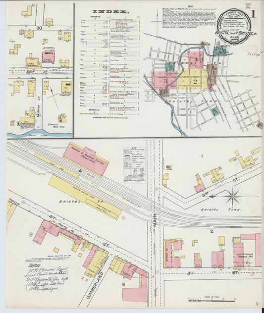 Sanborn Fire Insurance Map from Bristol, Sullivan County, Tennessee (1892), Sheet #0001 - Complete Map Set gallery image, historic Sanborn map, vintage wall art, Tennessee Tennessee