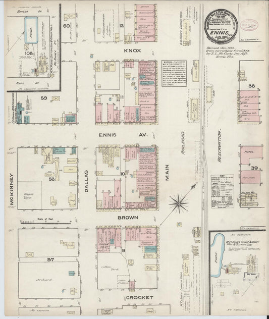 Sanborn Fire Insurance Map from Ennis, Ellis County, Texas (1884), Sheet #0001 - Historic Sanborn Fire Insurance Map Print, vintage old map wall art, antique decor, genealogy gift, Texas Texas map