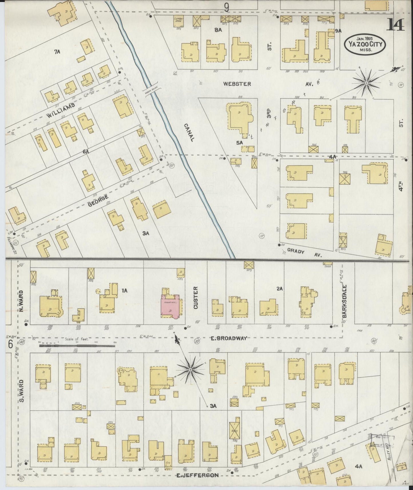 Sanborn Fire Insurance Map from Yazoo City, Yazoo County, Mississippi (1905), Sheet #0014 - Complete Map Set gallery image, historic Sanborn map, vintage wall art, Mississippi Mississippi