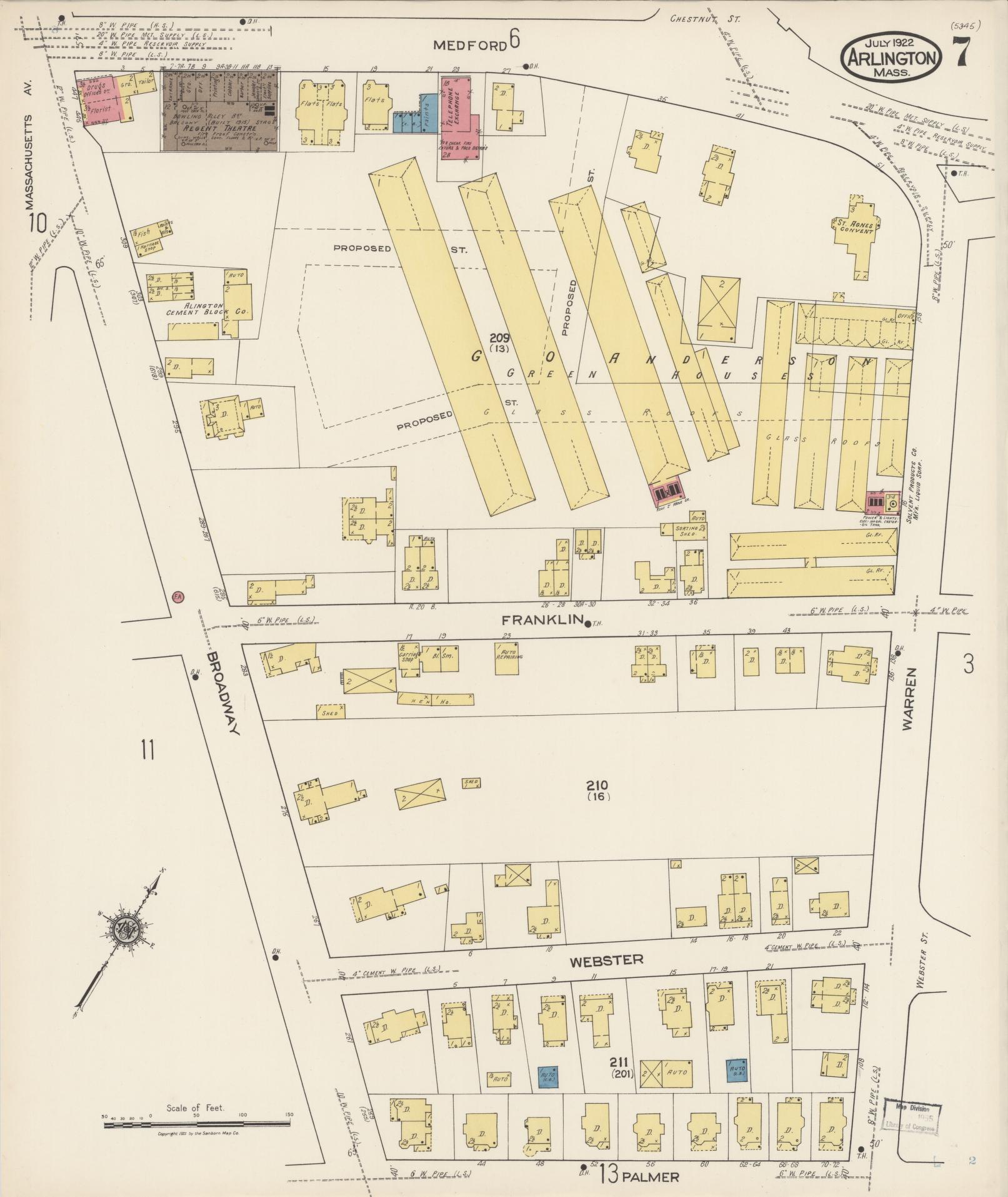 Sanborn Fire Insurance Map from Arlington, Middlesex County, Massachusetts (1922), Sheet #0007 - Complete Map Set gallery image, historic Sanborn map, vintage wall art, Massachusetts Massachusetts