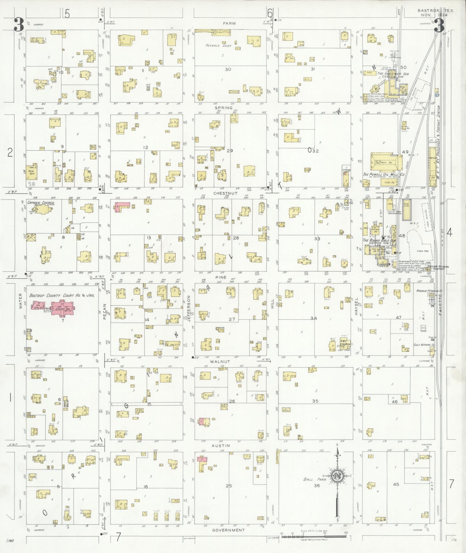 Sanborn Fire Insurance Map from Bastrop, Bastrop County, Texas (1934), Sheet #0003 - Historic Sanborn Fire Insurance Map Print, vintage old map wall art, antique decor, genealogy gift, Texas Texas map