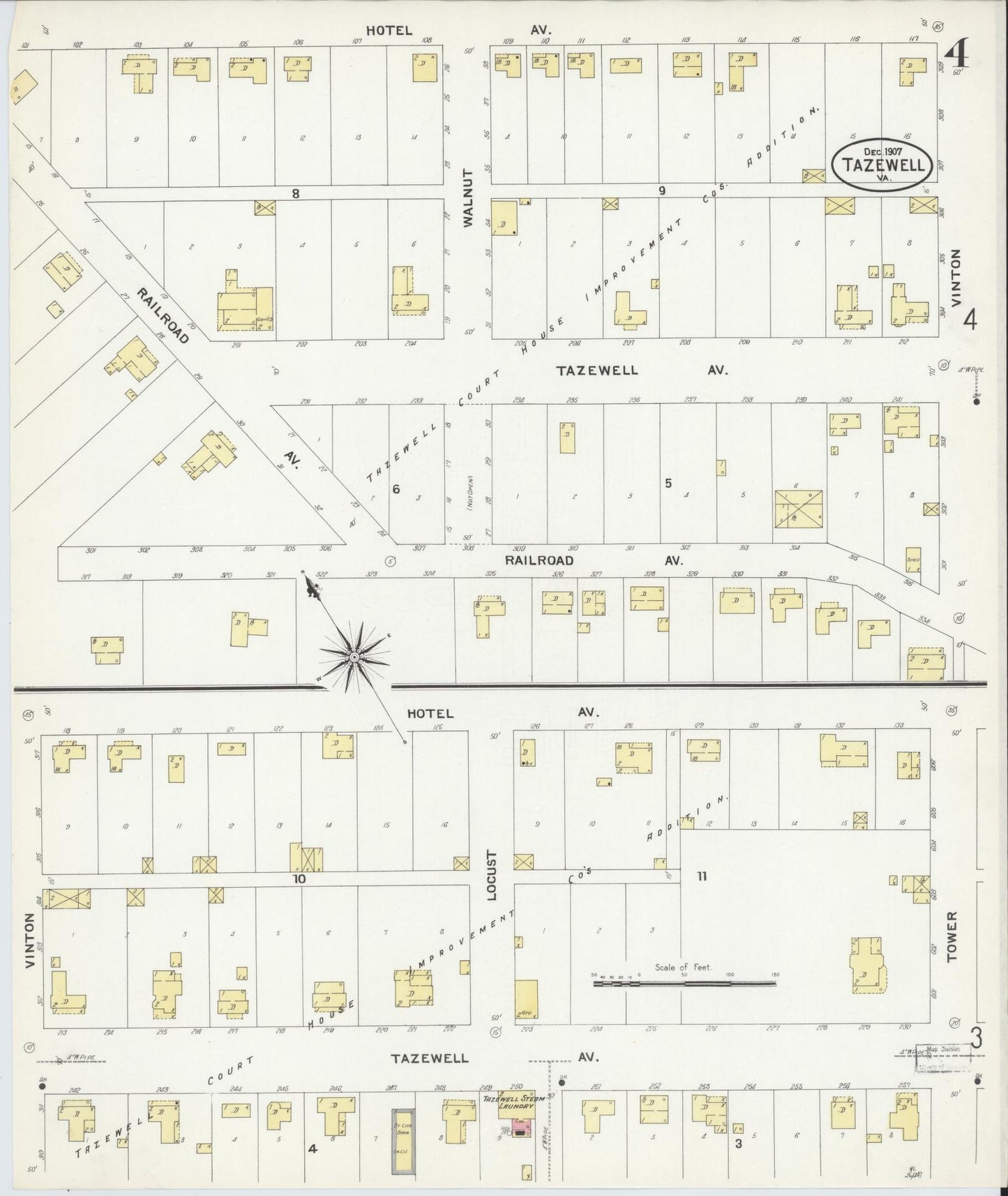Sanborn Fire Insurance Map from Tazewell, Tazewell County, Virginia (1907), Sheet #0004 - Historic Sanborn Fire Insurance Map Print, vintage old map wall art, antique decor, genealogy gift, Virginia Virginia map