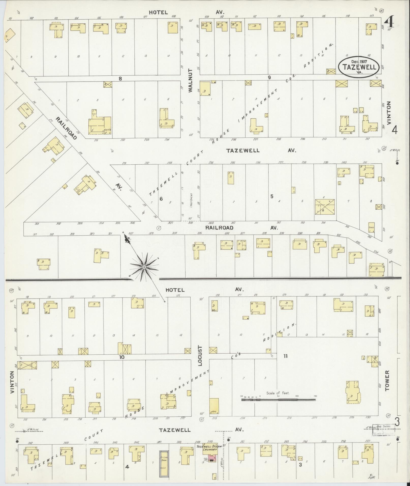 Sanborn Fire Insurance Map from Tazewell, Tazewell County, Virginia (1907), Sheet #0004 - Historic Sanborn Fire Insurance Map Print, vintage old map wall art, antique decor, genealogy gift, Virginia Virginia map