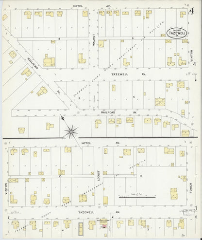 Sanborn Fire Insurance Map from Tazewell, Tazewell County, Virginia (1907), Sheet #0004 - Historic Sanborn Fire Insurance Map Print, vintage old map wall art, antique decor, genealogy gift, Virginia Virginia map