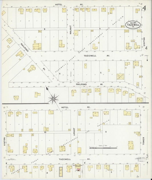 Sanborn Fire Insurance Map from Tazewell, Tazewell County, Virginia (1907), Sheet #0004 - Historic Sanborn Fire Insurance Map Print, vintage old map wall art, antique decor, genealogy gift, Virginia Virginia map