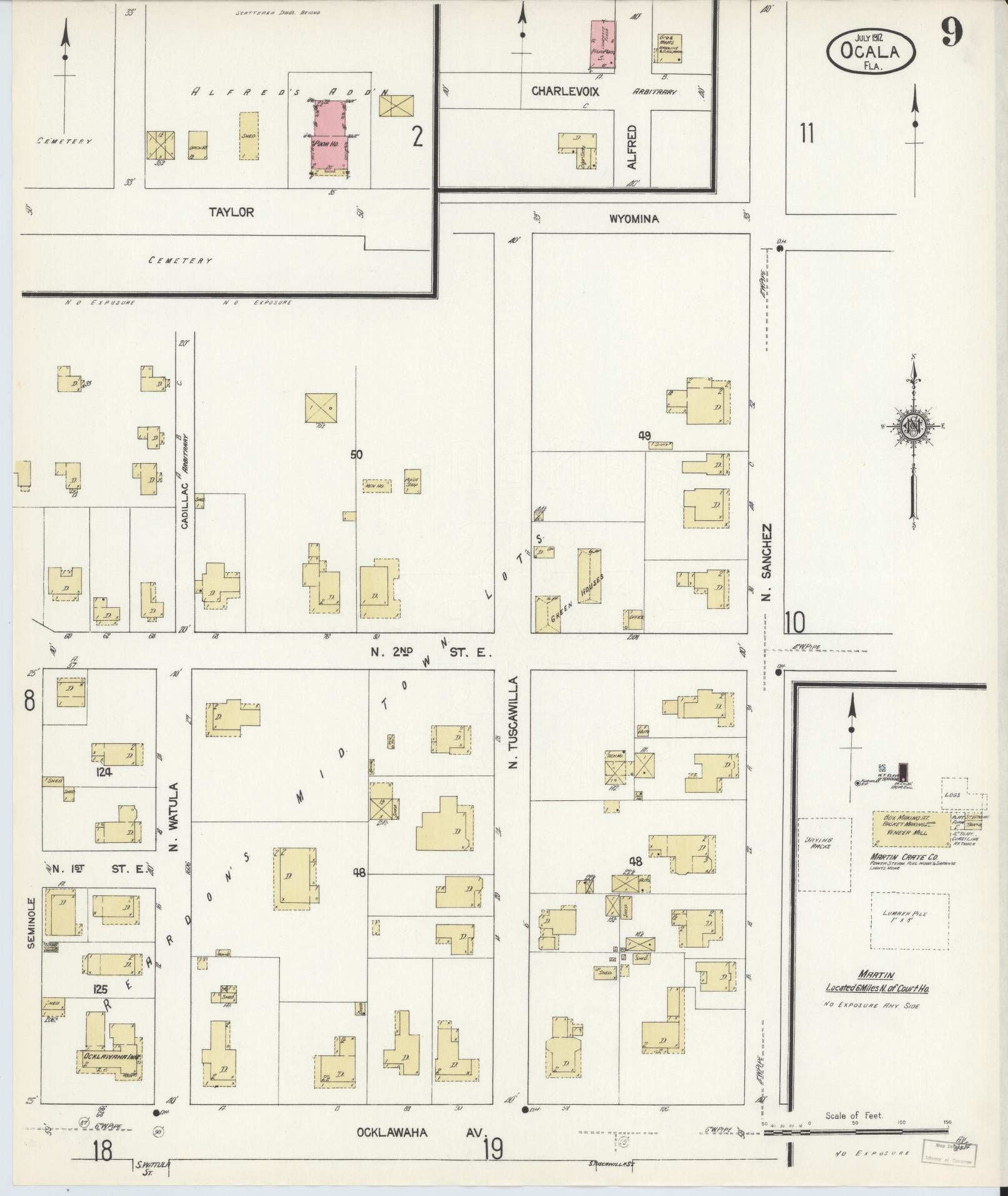 Sanborn Fire Insurance Map from Ocala, Marion County, Florida (1912), Sheet #0009 - Complete Map Set gallery image, historic Sanborn map, vintage wall art, Florida Florida