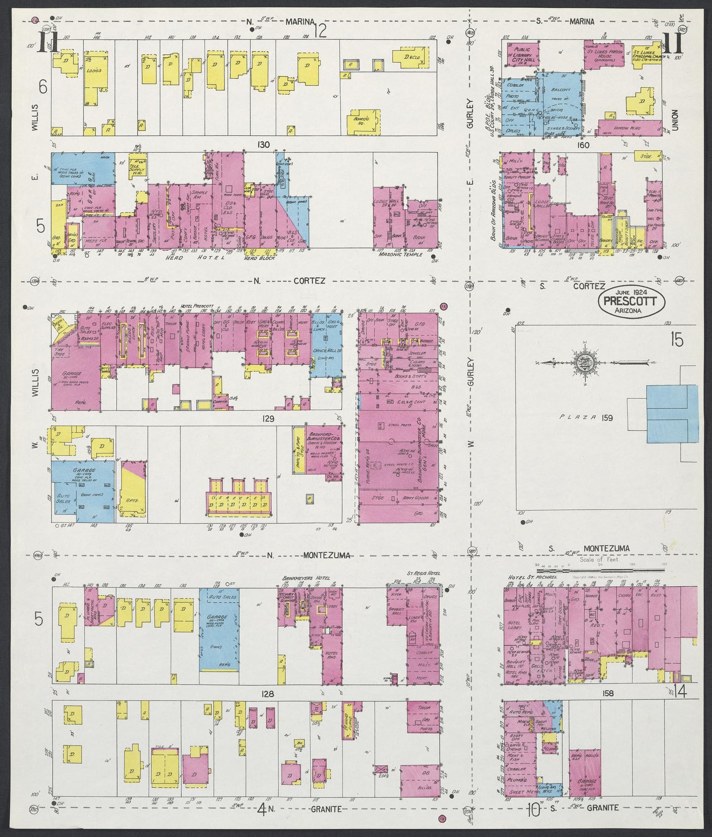 Sanborn Fire Insurance Map from Prescott, Yavapai County, Arizona (1924), Sheet #0011 - Historic Sanborn Fire Insurance Map Print, vintage old map wall art, antique decor, genealogy gift, Arizona Arizona map