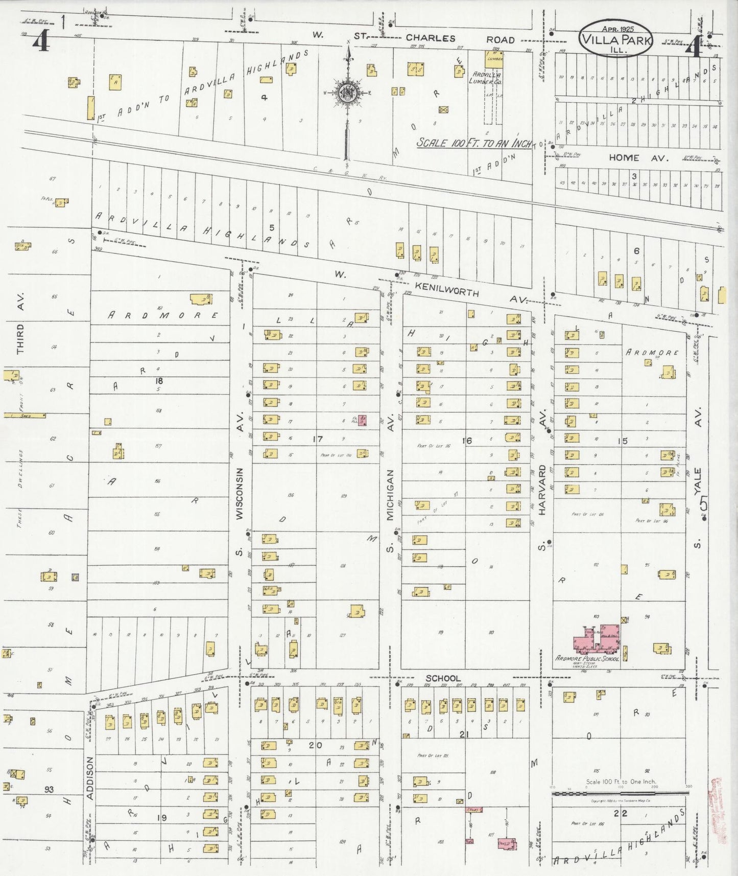 Sanborn Fire Insurance Map from Villa Park, Du Page County, Illinois (1925), Sheet #0004 - Complete Map Set gallery image, historic Sanborn map, vintage wall art, Illinois Illinois
