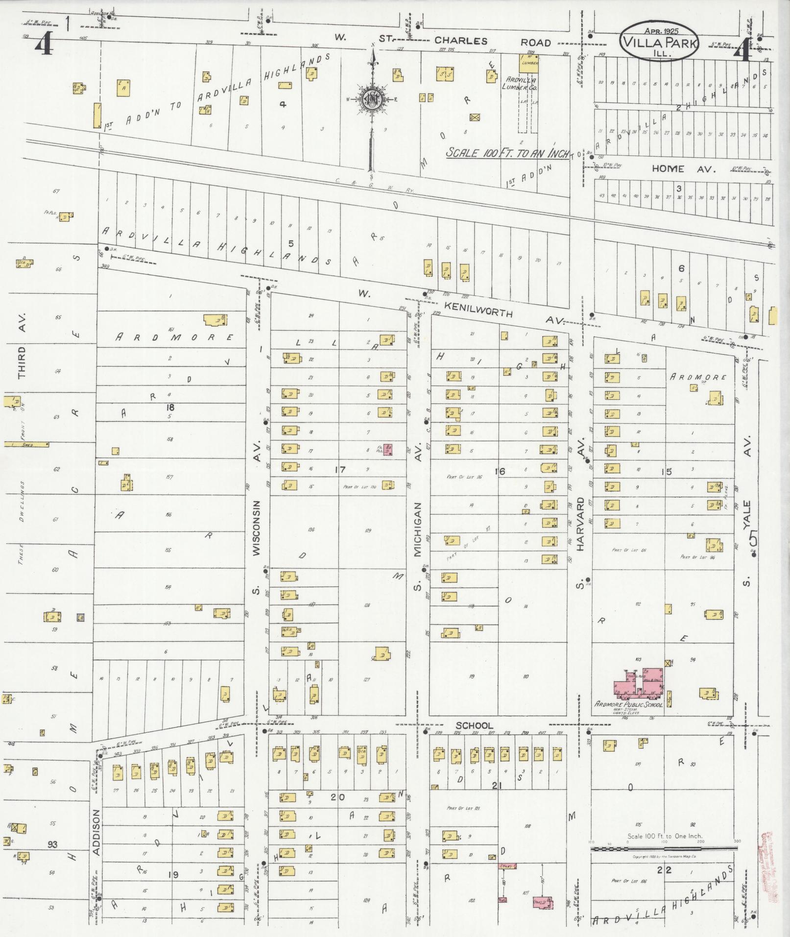 Sanborn Fire Insurance Map from Villa Park, Du Page County, Illinois (1925), Sheet #0004 - Complete Map Set gallery image, historic Sanborn map, vintage wall art, Illinois Illinois