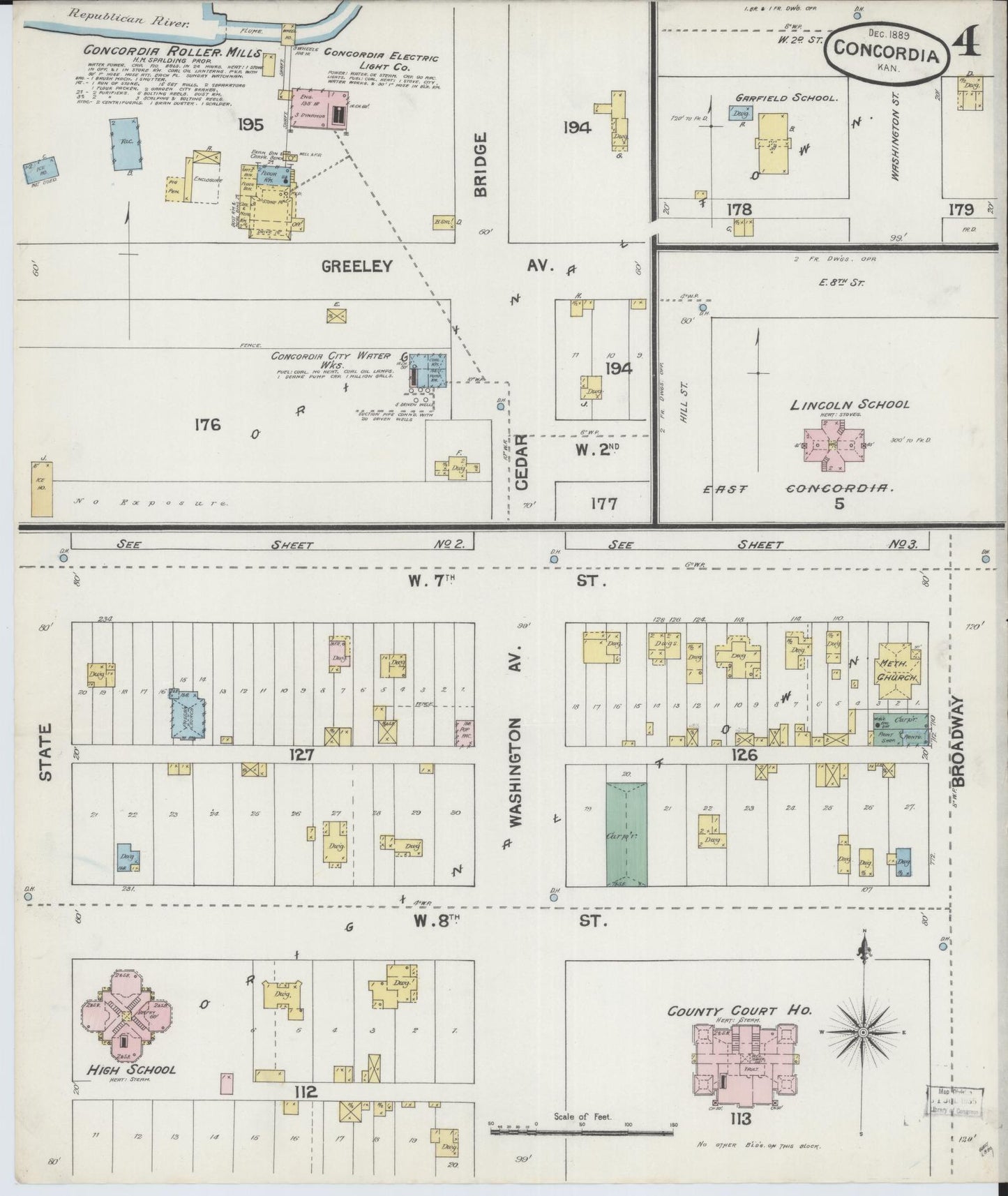 Sanborn Fire Insurance Map from Concordia, Cloud County, Kansas (1889), Sheet #0004 - Complete Map Set gallery image, historic Sanborn map, vintage wall art, Kansas Kansas