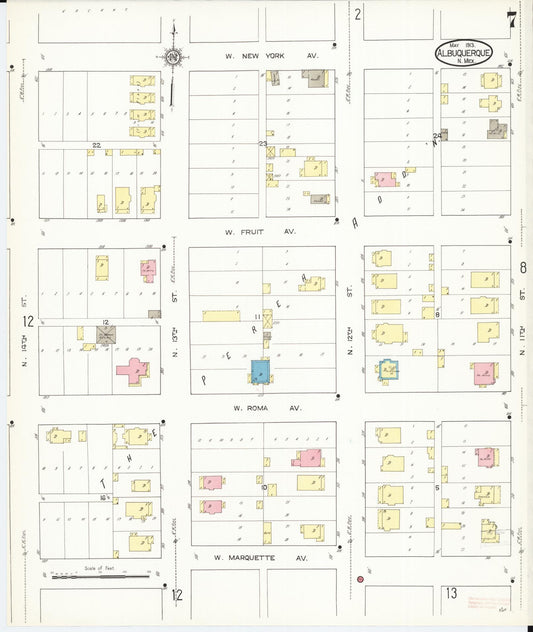 Sanborn Fire Insurance Map from Albuquerque, Bernalillo County, New Mexico (1913), Sheet #0007 - Historic Sanborn Fire Insurance Map Print, vintage old map wall art, antique decor, genealogy gift, New Mexico New Mexico map