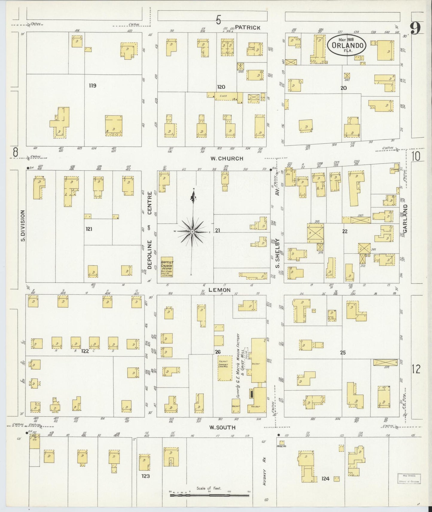 Sanborn Fire Insurance Map from Orlando, Orange County, Florida (1908), Sheet #0009 - Complete Map Set gallery image, historic Sanborn map, vintage wall art, Florida Florida