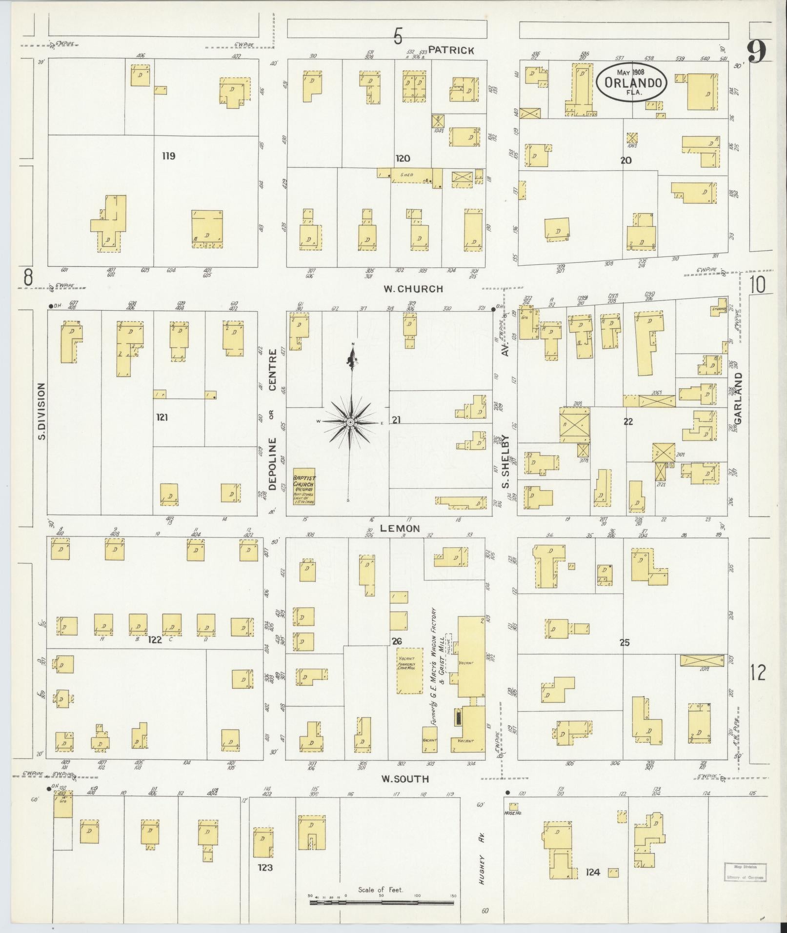 Sanborn Fire Insurance Map from Orlando, Orange County, Florida (1908), Sheet #0009 - Complete Map Set gallery image, historic Sanborn map, vintage wall art, Florida Florida