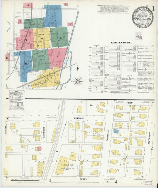 Sanborn Fire Insurance Map from Knightstown, Henry County, Indiana (1909), Sheet #0001 - Historic Sanborn Fire Insurance Map Print, vintage old map wall art, antique decor, genealogy gift, Indiana Indiana map